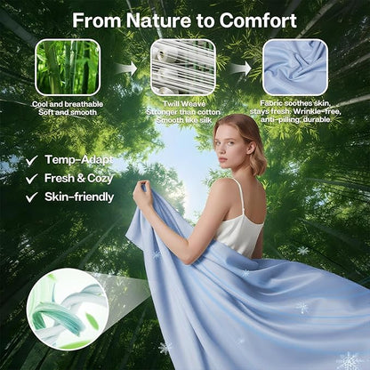 MR&HM Twin XL Fitted Sheet Only, Ultra-Soft Rayon Derived from Bamboo & Polyester Blend, Silky & Breathable, 15" Deep Pocket with Elastic Straps, Cooling Fitted Sheet for Hot Sleepers, Light Blue