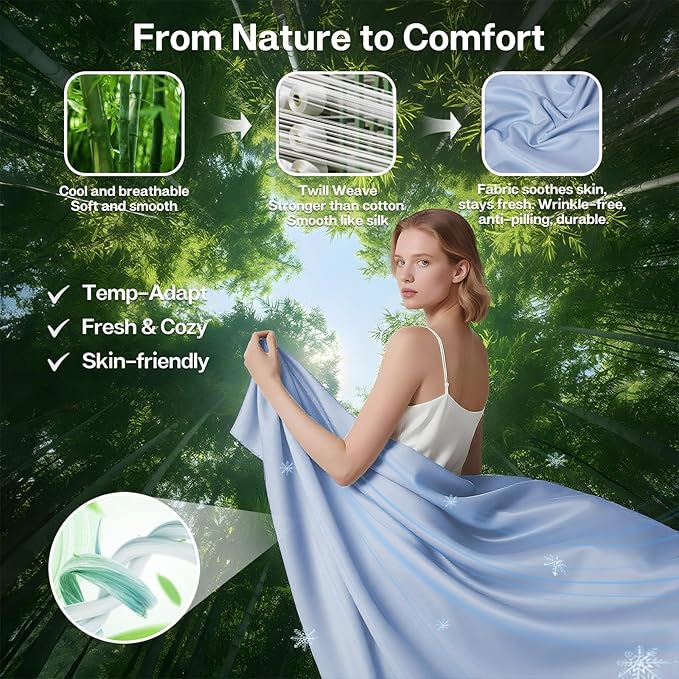 MR&HM Queen Fitted Sheet Only, Ultra-Soft Rayon Derived from Bamboo & Polyester Blend, Silky & Breathable, 15" Deep Pocket with Elastic Straps, Cooling Fitted Sheet for Hot Sleepers, Light Blue
