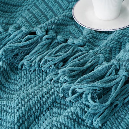 BATTILO HOME Teal Throw Blanket for Couch, Knit Woven Turquoise Blanket Versatile for Chair, Super Soft Warm Decorative Blanket with Tassels for Bed, Sofa and Living Room, 60" x 80"