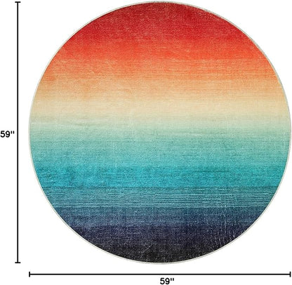 Wonnitar Modern Ombre Washable Round Area Rug 5ft, Large Circle Christmas Rug for Bedroom, Non-Slip Rainbow Kitchen Throw Mat, Stain Resistant Low Pile Carpet for Living Room (Colorful, Round 5ft)