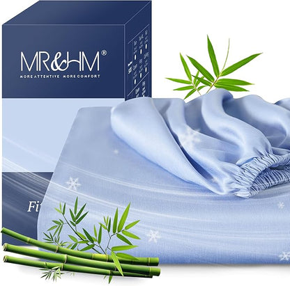 MR&HM California King Fitted Sheet, Ultra-Soft Rayon Derived from Bamboo & Polyester Blend, Silky & Breathable, 15" Deep Pocket with Elastic Straps, Cooling Fitted Sheet for Hot Sleepers, Light Blue