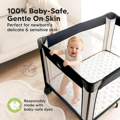 Pack and Play Sheets Fitted - 2-Pack Mini Crib Sheets for Pack N Play Mattress 38x26, Soft & Cozy, Neutral Toddler Playard Bedding, Snug Fitted Mini Baby Crib Mattress Cover Boy, Girl (Bumble Bear)