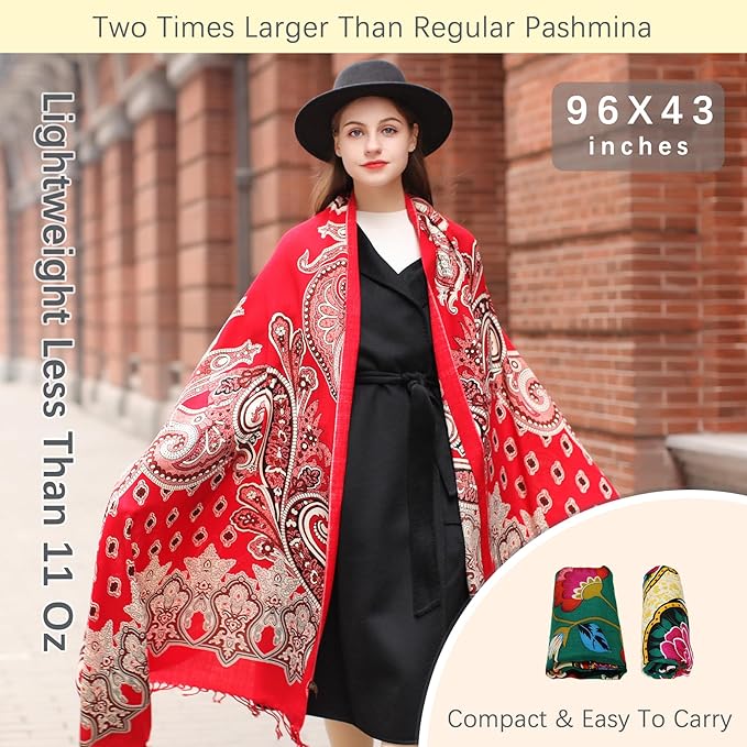 DANA XU 100% Merino Wool Extra Large Pashmina Blanket Travel Scarf Cashmere Wrap for Women Fall Winter Oversize Shawl Floral