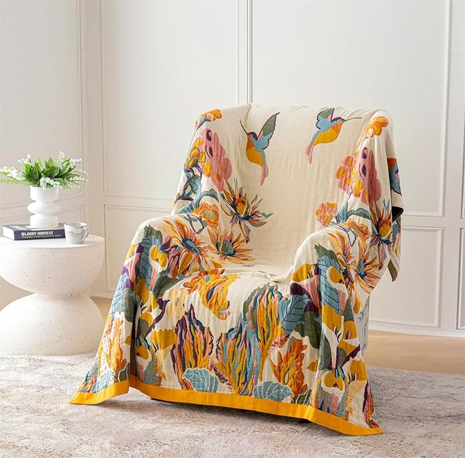 MSGKV Boho Throw Blanket for Couch 100% Cotton Throw Floral Bed Blanket 80''x90'',Cotton Quilts Travel Knitted Muslin Blanket Home Decor Cozy Blankets for Women