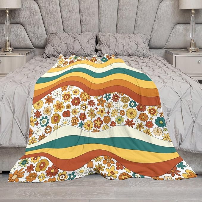 70s Retro Floral Throw Blanket, Boho Groovy Wavy Geometric Hippie Cute Flowers Yellow Orange Abstract Print Blanket for Holiday Theme Home Decor Bedding Couch and Gift 50"x60"