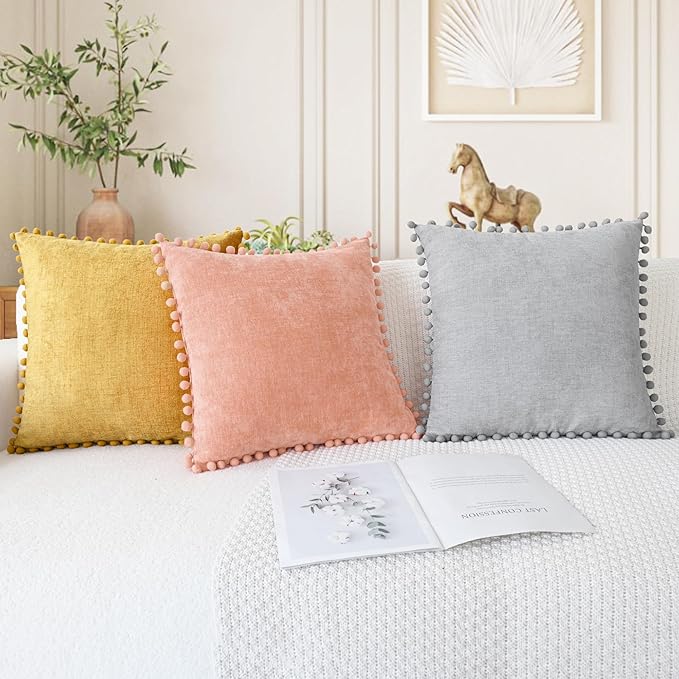 CaliTime Throw Pillow Covers Decorative 22 X 22 Inches Pack of 2 Cozy Solid Dyed Soft Chenille Cushion Cases with Pom Poms for Couch Sofa Bed Living Room Home Dusty Pink