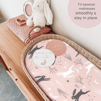 GRSSDER Stretchy Ultra Soft Fitted Bassinet Sheet Set 2 Pack, Universal Fit for Bassinets Baby Cradle Moses Basket Oval Rectangle Pad/Mattress, Cute Foxes and Rabbits Bassinet Sheets for Girls