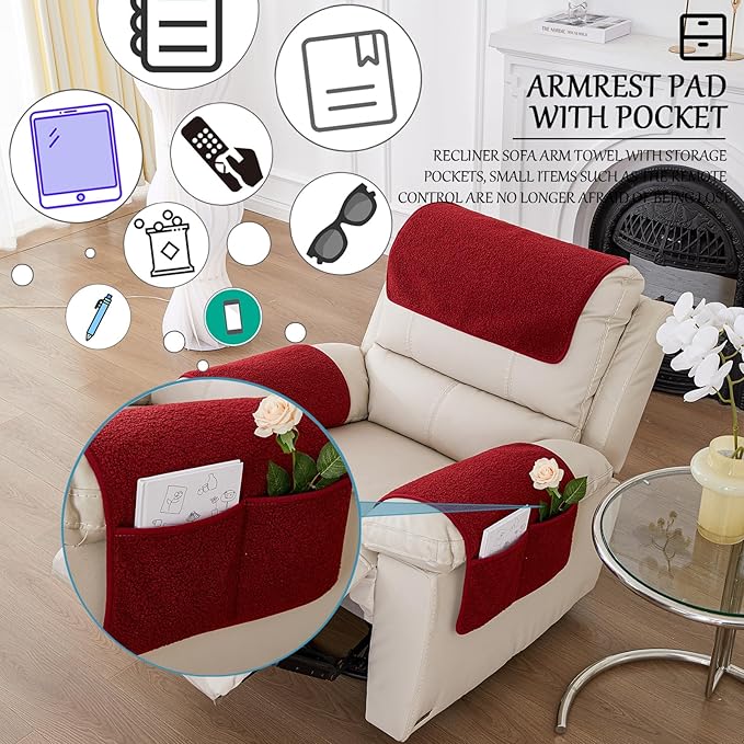 Armrest Cover, Recliner Chair Protector, Furniture Protector Slip, Side Storage Pocket, Stretch Armchair Couch Arm Rest Cover for Recliner, Chair, Sofa (Wine Red,1 Seater(3pcs))