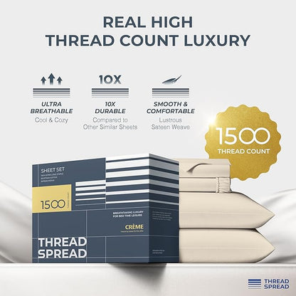 THREAD SPREAD 100% Egyptian Cotton Sheets California King Size Bed Set - 4 PC 1500 Luxury High Thread Count Beige Cal King Bed Sheets, Silky Soft, Cooling, Sateen, 17" Deep Pocket Bedsheet Set