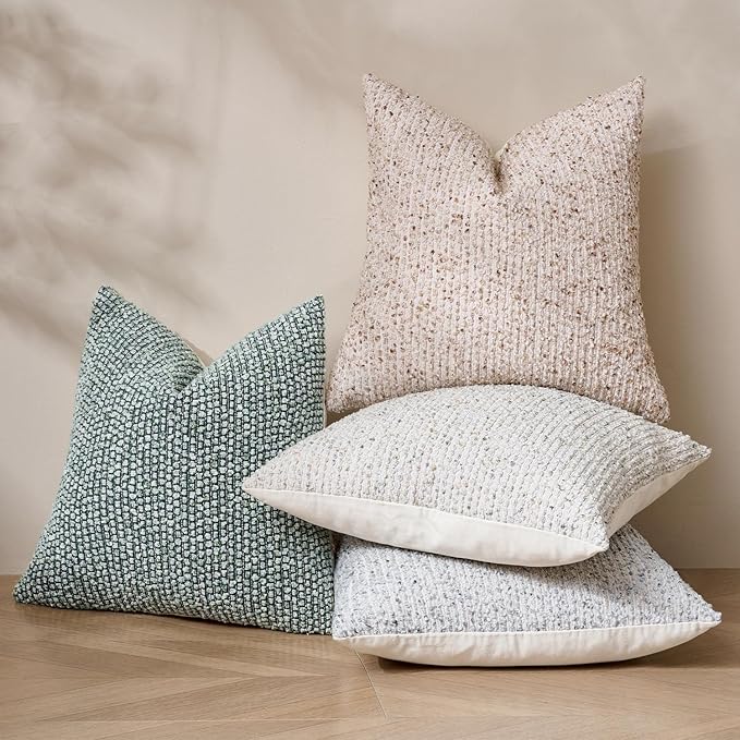 Striped Throw Pillow Covers 24x24 Set of 2 Cream Grey Textured Boucle Chic Morden Boho Accent Farmhouse Square Decorative Couch Pillow Covers for Home Decor Bed Sofa Living Room