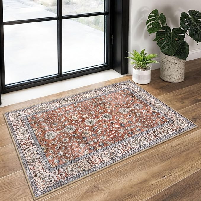 KUTA Vintage Floral Terracotta Entryway Rug 2x3, Kitchen Rugs Non-Slip Washable Throw Rug, Ultra Thin Soft Print Front Door Mat Indoor Doormat for Entrance, Bedside, or Small Spaces
