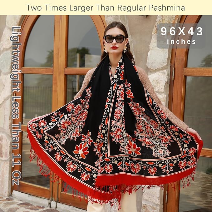 DANA XU 100% Merino Wool Extra Large Pashmina Blanket Travel Scarf Cashmere Wrap for Women Fall Winter Oversize Shawl Floral