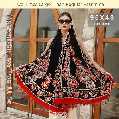 DANA XU 100% Merino Wool Extra Large Pashmina Blanket Travel Scarf Cashmere Wrap for Women Fall Winter Oversize Shawl Floral