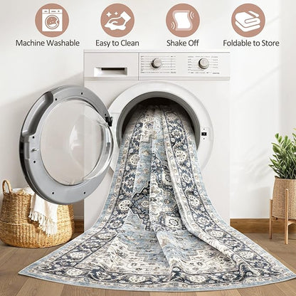 7x9 Area Rug Living Room: Washable Boho Large Neutral Vintage Soft Rugs Stain Resistant Farmhouse Non-Slip Indoor Floor Carpet for Bedroom Nursery Kids Playroom Office Dining Room- Blue Tan