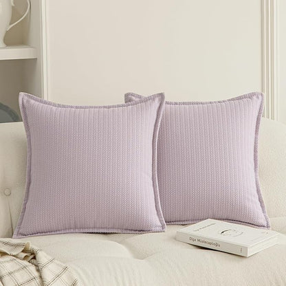 Set of 2 Cozy Striped Herringbone Flange Throw Pillow Covers, Aesthetic Embossed Pattern Pillow Covers for Couch and Bed - 20"x20", Languid Lavender