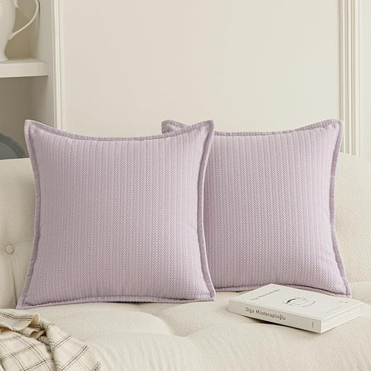 Set of 2 Cozy Striped Herringbone Flange Throw Pillow Covers, Aesthetic Embossed Pattern Pillow Covers for Couch and Bed - 20"x20", Languid Lavender