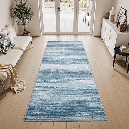 PADOOR Modern Abstract Runner Rug - 2.6x8 Washable Hallway Rugs, Ultra Soft Non-Slip Low Pile Floor Rugs for Hallway Entryway Kitchen Bedroom Bedside Laundry Room Blue