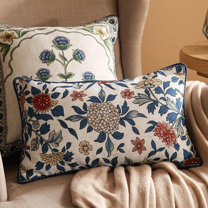 patdrea Designer Throw Pillow Covers Set of 2,Euro Elegant Linen with Colorful Blooming Floral Pattern Pillow Cover,Decorative Lumbar Pillowcases Cushion for Bed Living Room Outdoor Car,12"x20"