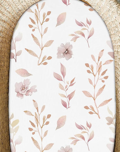 Bassinet Sheets for Baby Girls Boys 2 Pack, Fitted Baby Mattress Sheet for Rectangle, Oval, Hourglass Bassinet Mattress, Breathable Cozy & Universal Fit (Floral Fawn)