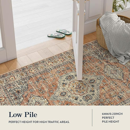Lahome Oriental Washable Rug, 3x5 Rugs for Bedroom Living Room Entryway, Vintage Ultra-Thin Non-Slip Soft Throw Carpet for Kitchen Office Entrance, Peach/Orange
