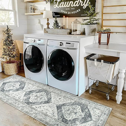 Lahome Boho Hallway Runner Rug 2x6, Washable Untra-Thin Non-Slip Kitchen Runner, Oriental Distressed Print Rug for Entryway Bathroom Laundry Room Bedroom, Grey