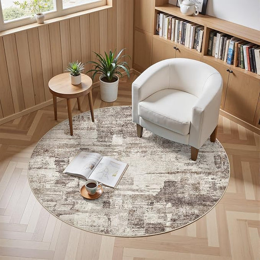 Abstract Living Room Rug Round 6FT - Modern Washable Soft Thin Area Rug for Living Room Bedroom Under Dining Table - Neutral Indoor Floor Rug Carpets for Home Office Playroom Nursery - Brown