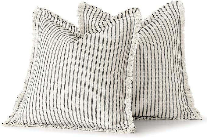 MIULEE Pack of 2 Black Pillow Covers 26x26 Inch Striped Farmhouse Couch Throw Pillow Covers with Fringe Chic Linen Decorative Cushion Eruo Sham for Sofa Living Room Bed Outdoor Home Decor