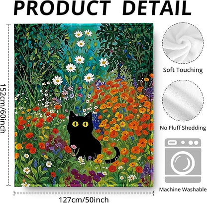 Black Cat Floral Blanket, Cottagecore Colorful Wildflower Cats Throw Blankets for Home Bedroom Living Room Couch Bed Decor, Black Cat Mom Lovers Gifts for Women, 50x60 Inch