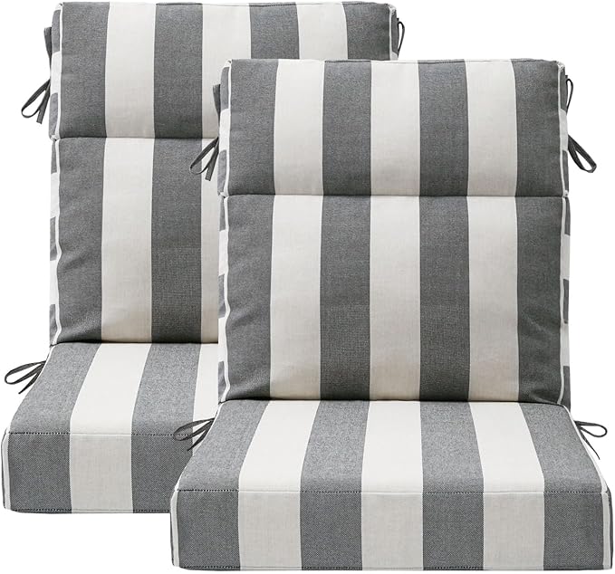 Outdoor High Back Chair Cushion Seat Pads, 44 x 21 Inch Water-Repellent & Fade-Resistant Patio Furniture Cushions with Ties for Adirondack, Rocking Chairs, Gray Stripe