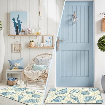 Kitchen Mats for Floor Cushioned Anti Fatigue Sets of 2 Beach Theme Kitchen Rugs Non Slip Waterproof Coastal Foam Kitchen Floor Rug Nautical Coral Seashell Comfort Standing Mat for Sink Laundry, Blue