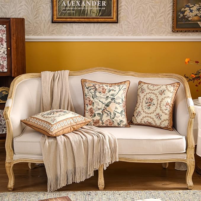 patdrea Designer Vintage Floral Throw Pillow Covers for Couch,Brown Yellow Linen Pillowcases with Bird and Rose Pattern Decorative Square Cushion for Bed Living Room Outdoor Cafe Car,18"x18"