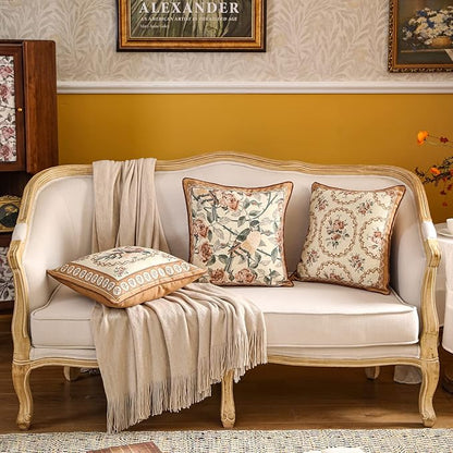 patdrea Designer Vintage Floral Throw Pillow Covers for Couch,Brown Yellow Linen Pillowcases with Bird and Rose Pattern Decorative Square Cushion for Bed Living Room Outdoor Cafe Car,18"x18"