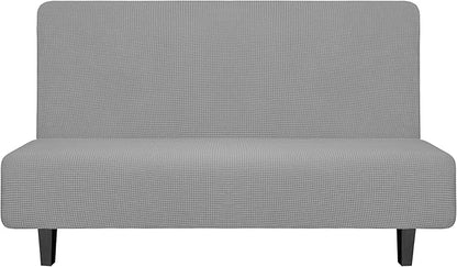 Easy-Going Stretch Futon Slipcover Armless Futon Bed Cover Furniture Protector Without Armrests with Elastic Bottom for Kids, Soft Jacquard Fabric Small Checks (Medium, Light Gray)