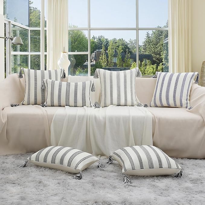 Smile Bee Boho Outdoor Couch Throw Pillow Covers Set of 2, Decorative Lumbar Thick Woven Striped Accent Neutral Pillow Covers with Tassels for Bed Sofa Home Decor, 12x20 Inch, Black and Cream White