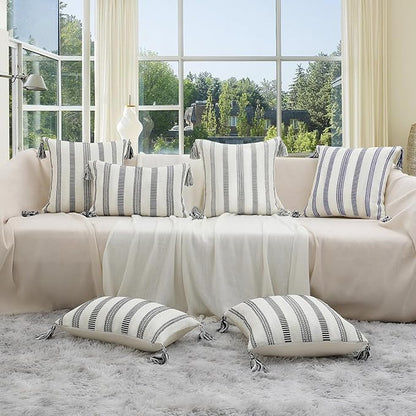 Smile Bee Boho Outdoor Couch Throw Pillow Covers Set of 2, Decorative Thick Woven Striped Accent Neutral Pillow Covers with Tassels for Bed Sofa Home Decor, 20x20 Inch, Black and Cream White