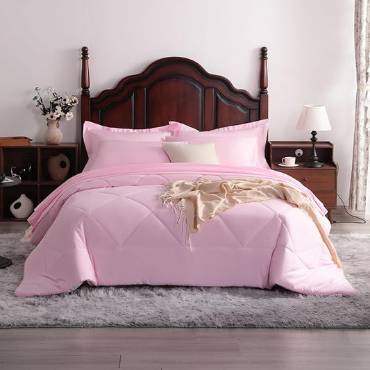 7-Piece King Comforter Set with Sheets – Soft and Breathable All-Season King Bed in a Bag, Down Alternative Comforter Set Solid Color All Season, Pink