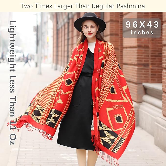 DANA XU 100% Merino Wool Pashmina Shawl for Women 96"x43", Oversized Cashmere Wrap with Tassels, Floral Travel Blanket Cape