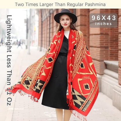 DANA XU 100% Merino Wool Pashmina Shawl for Women 96"x43", Oversized Cashmere Wrap with Tassels, Floral Travel Blanket Cape
