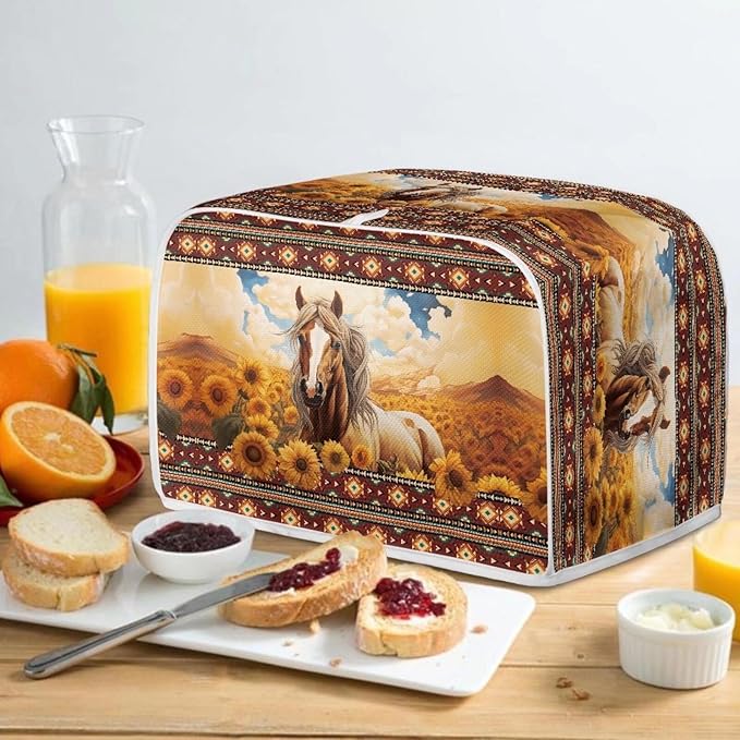 Aztec Horse Sunflower Printed Oven Cover Toaster Cover for Home, Tribal Horse Printed Toaster Cover Dirt and Fingerprint Protection, 4 Slice Toaster Oven Cover Kitchen Accessories