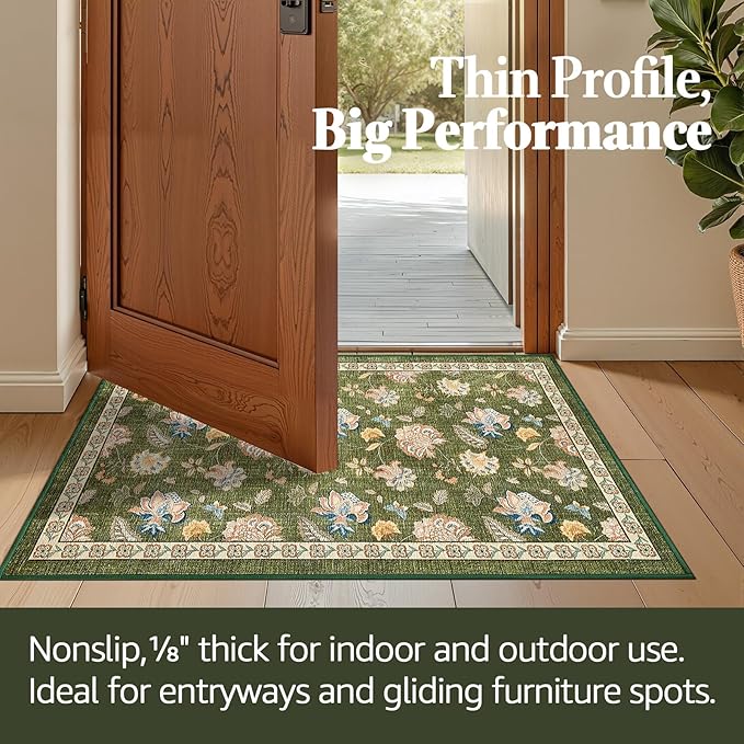 jinchan Elora 3x5 Floral Rug for Entryway Washable Kitchen Rug Vintage Romance Design Christmas Small Mat Non Slip Indoor Doormat Lightweight Low-Profile Throw Carpet for Entrance Bathroom, Green
