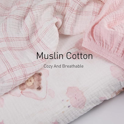 Gllquen Baby Muslin Bassinet Sheets 3 Pack, Breathable Elastic Cozy Fitted Cotton Bassinet Mattress Sheet for Baby Boy Girls, Fit for Hourglass Oval Rectangular Cradle Pad Sheets 33"x17" (Bear Dream)