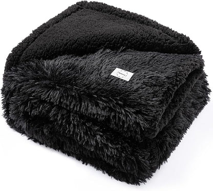 Calming Fleece Cat Blankets Black Waterproof Pets Blanket for Dogs Reversible Long Faux Fur Puppy Throw Blankets(Black,L)