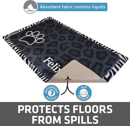 Drymate Personalized Pet Bowl Placemat, Custom Dog & Cat Food Feeding Mat - Absorbent Fabric, Waterproof Backing - Machine Washable/Durable (USA Made) (12" x 20") (Leopard Black)