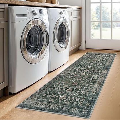 KUTA Runners for Hallways 2x6 Dark Green, Vintage Floral Rug Non-Slip Washable Kitchen Rugs Ultra Thin Soft Printed Retro Distressed Flower Carpet Entryway Rugs for Bedroom Laundry Nursery
