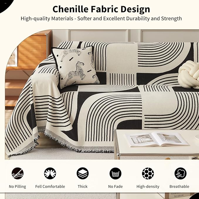 Boho Couch Cover Sofa Covers Washable, Chenille Couch Covers for 3 Cushion Couch Sofa Pet Friendly, Bohemian Sofa Slipcovers for Sectional Sofa, Loveseat, 2 3 4 Seater (71" x 134", Black)