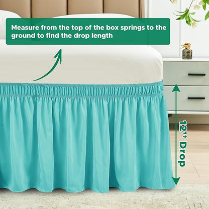 Biscaynebay Wrap Around Bed Skirts for Full & Full XL Beds with Short Drop of 12", Aqua Adjustable Elastic Dust Ruffles Easy Fit Wrinkle Resistant Silky Luxurious Fabric Machine Washable