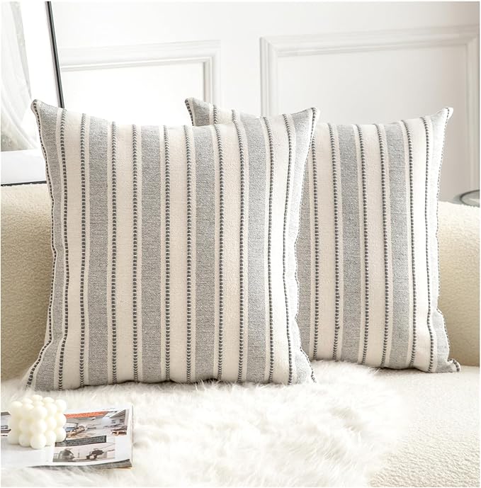 Decorative Boho Throw Pillow Covers, Farmhouse Textured Pillow Case, 18 x 18 Inch Set of 2, Chair Sofa Bedroom Living Room Home Decor Couch Cushion Case, Grey and Beige Striped