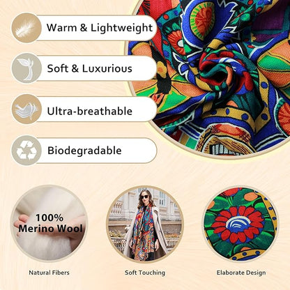 DANA XU 100% Merino Wool Extra Large Pashmina Blanket Travel Scarf Cashmere Wrap for Women Fall Winter Oversize Shawl Floral