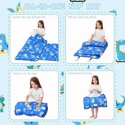 Toddler Nap Mat with Pillow and Blanket, Extra Large Rolled Napping Mats,Slumber Bags for Boys Girls,Kids Sleeping Bag for Daycare, Preschool Travel Camping