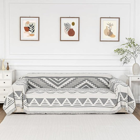 MYSKY HOME Sectional Couch Cover Grey Boho Geometric Sofa Covers for Sectional Sofa L Shape Chenille Couch Protector for Dogs Pets Couch Throw Cover Washable Durable for Home Decor, 71" X118"